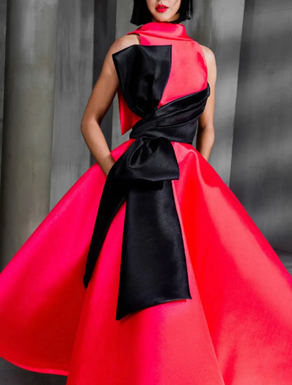 Wholesa Ball Gown Color Block Celebrity Style Elegant Prom Formal Evening Birthday Dress Red Green Dress High Neck Sleeveless Ankle Length Satin with Bow(s)