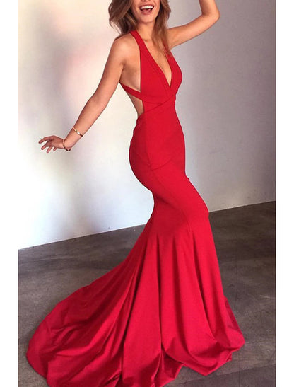 Wholesa  Mermaid / Trumpet Evening Gown Open Back Dress Formal Prom Court Train Sleeveless V Neck Stretch Fabric with Strappy