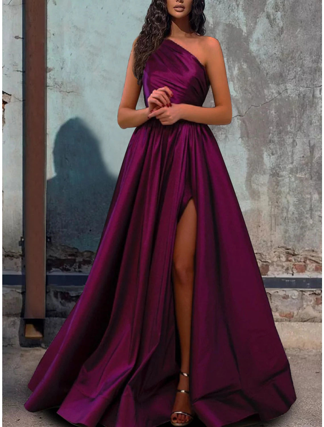 Wholesa A-Line Evening Gown Elegant Dress Wedding Guest Engagement Floor Length Sleeveless One Shoulder Satin with Pleats Slit