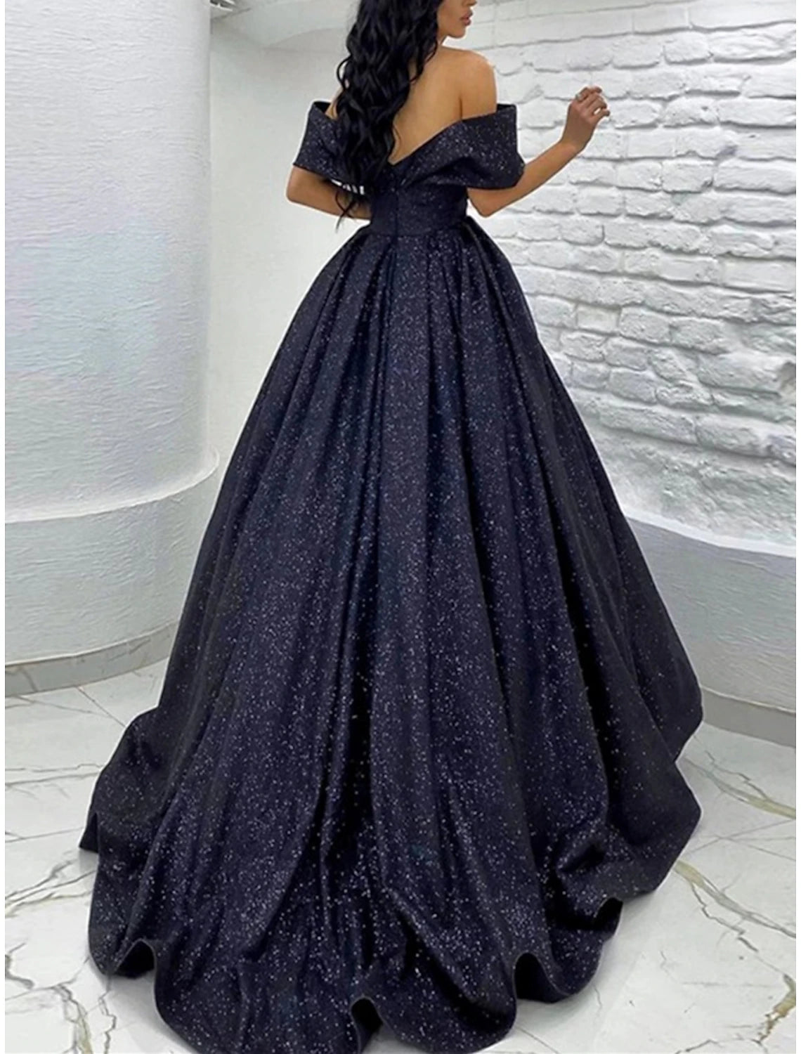 Wholesa A-Line Prom Dresses Elegant Dress Black Tie Gala Sweep / Brush Train Short Sleeve Off Shoulder Sequined with Glitter Pleats