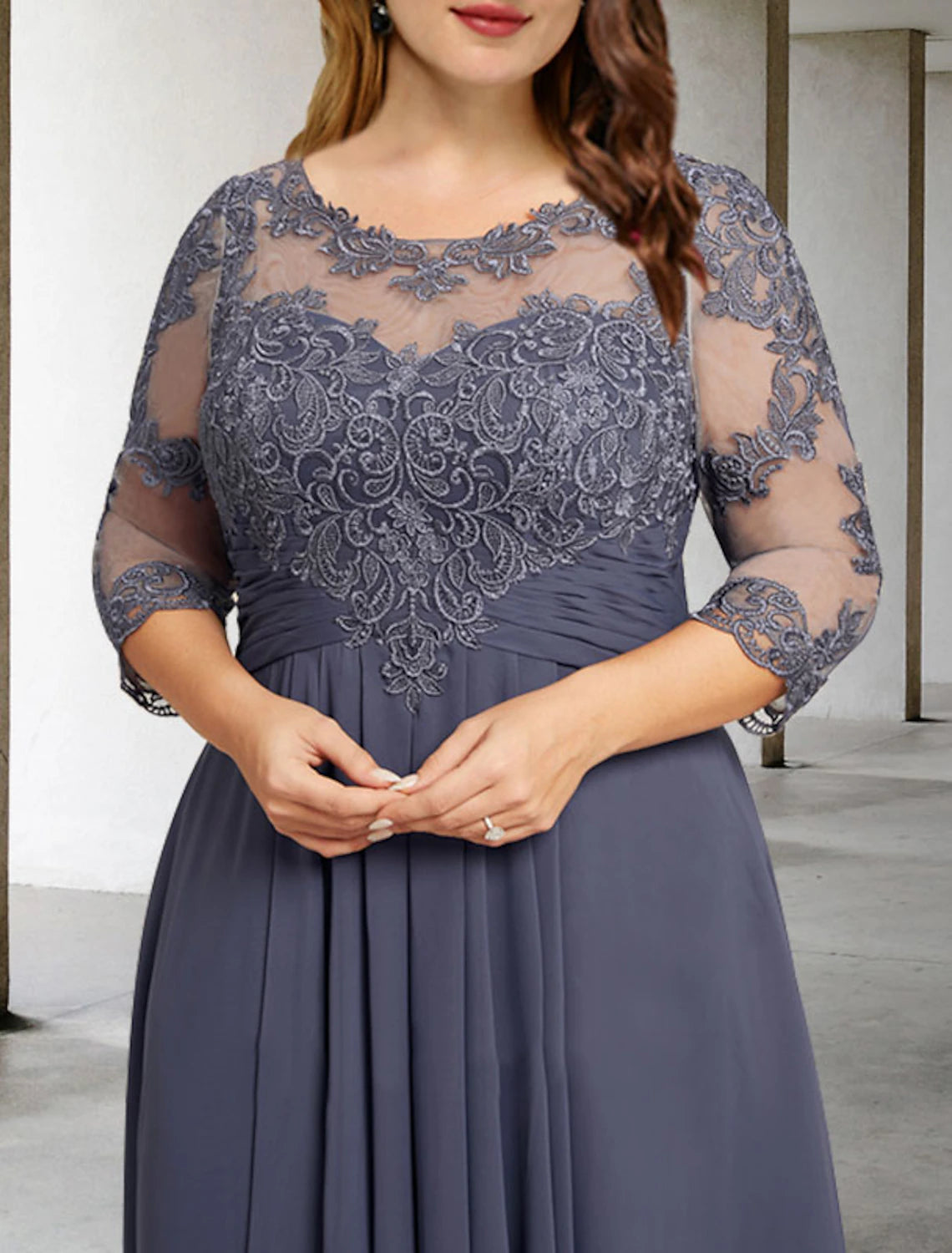 Wholesa A-Line Mother of the Bride Dresses Plus Size Hide Belly Curve Elegant Fall Wedding Guest Dress Formal Asymmetrical 3/4 Length Sleeve Jewel Neck Chiffon with Pleats Ruched Appliques