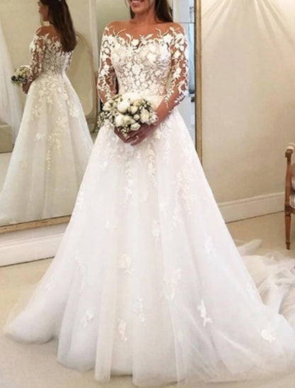 Wholesa Vintage Formal Wedding Dresses Ball Gown Off Shoulder Long Sleeve Chapel Train Lace Bridal Gowns With Buttons Appliques