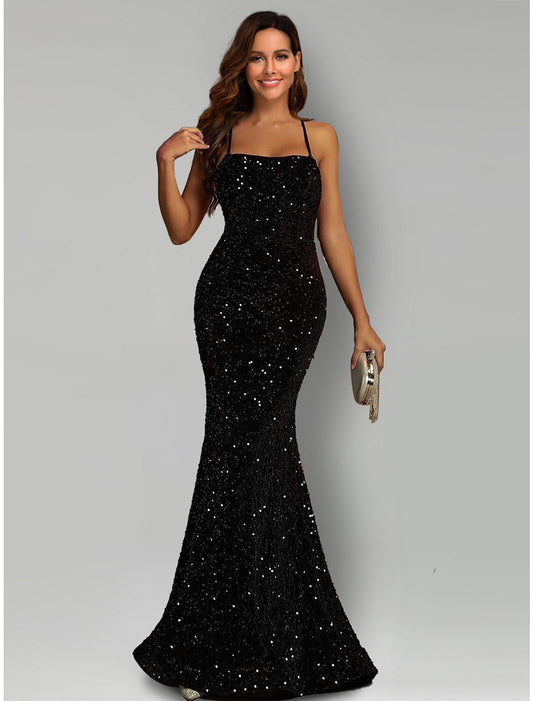 Wholesa  Mermaid / Trumpet Evening Gown Sparkle & Shine Dress Formal Black Tie Sweep / Brush Train Sleeveless Halter Neck Sequined with Sequin