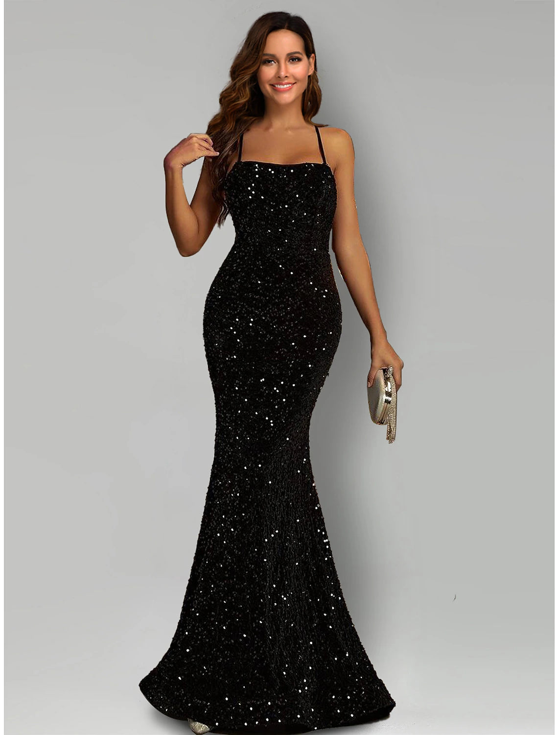 wholesale Mermaid / Trumpet Evening Gown Black Dress Formal Sweep / Brush Train Sleeveless Halter Sequined with Sequin