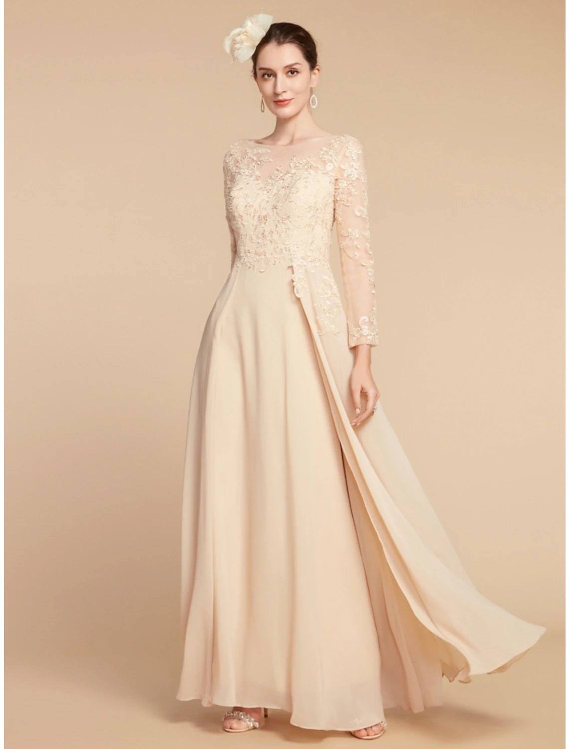 Wholesa  A-Line Mother of the Bride Dress Wedding Guest Elegant Jewel Neck Ankle Length Chiffon Lace Long Sleeve with Ruching Solid Color