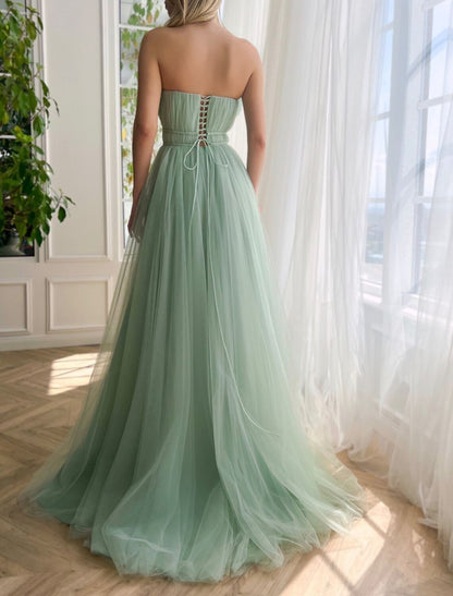 Wholesa A-Line Evening Gown Floral Dress Formal Wedding Guest Court Train Sleeveless Strapless Tulle with Bow(s) Slit