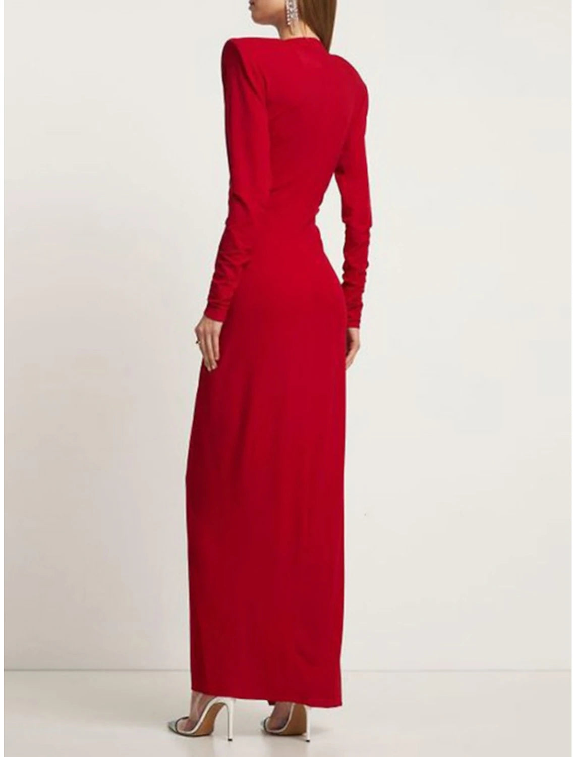 Wholesa  Sheath / Column Evening Gown Elegant Dress Formal Ankle Length Christmas Red Green Dress Long Sleeve V Neck Stretch Chiffon with Pleats Slit