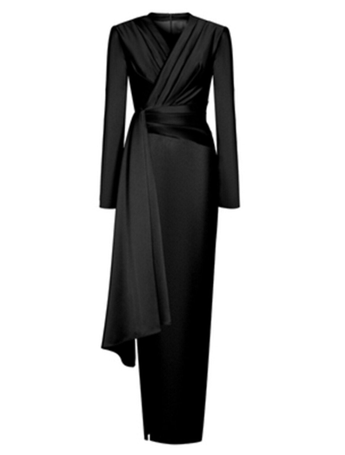 Wholesa A-Line Evening Black Dress Christmas Elegant Dress Formal Ankle Length Long Sleeve V Neck Satin with Ruched Slit