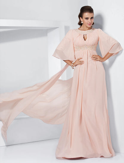 Wholesa A-Line Special Occasion Dresses Elegant Dress Wedding Guest Formal Evening Sweep / Brush Train Half Sleeve Jewel Neck Chiffon with Beading Draping