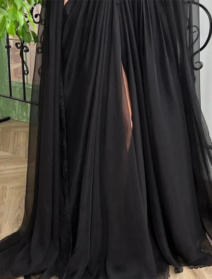 Wholesa A-Line Evening Gown Black Dress Formal Masquerade Court Train Long Sleeve V Neck Wednesday Addams Family Chiffon with Buttons Slit Appliques