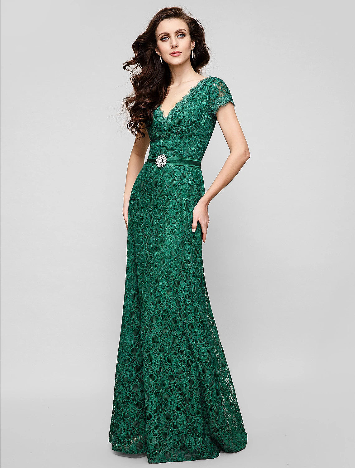 Wholesa A-Line Elegant Dress Holiday Cocktail Party Floor Length Short Sleeve V Neck All Over Lace with Crystal Brooch