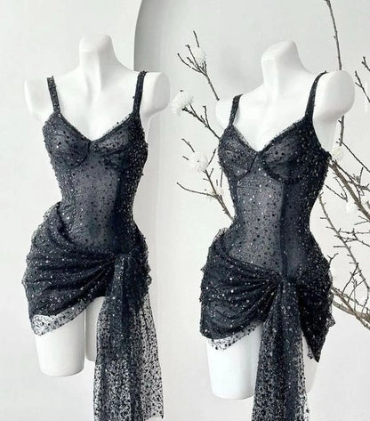 Aimishang Sparkly Sheath Straps Sleeveless Sequined Short Homecoming Dresses Unique Graduation Party Dress