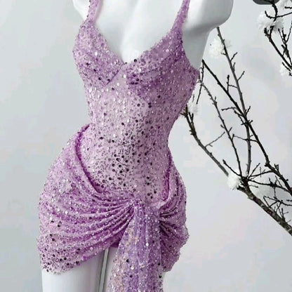 Aimishang Sparkly Sheath Straps Sleeveless Sequined Short Homecoming Dresses Unique Graduation Party Dress
