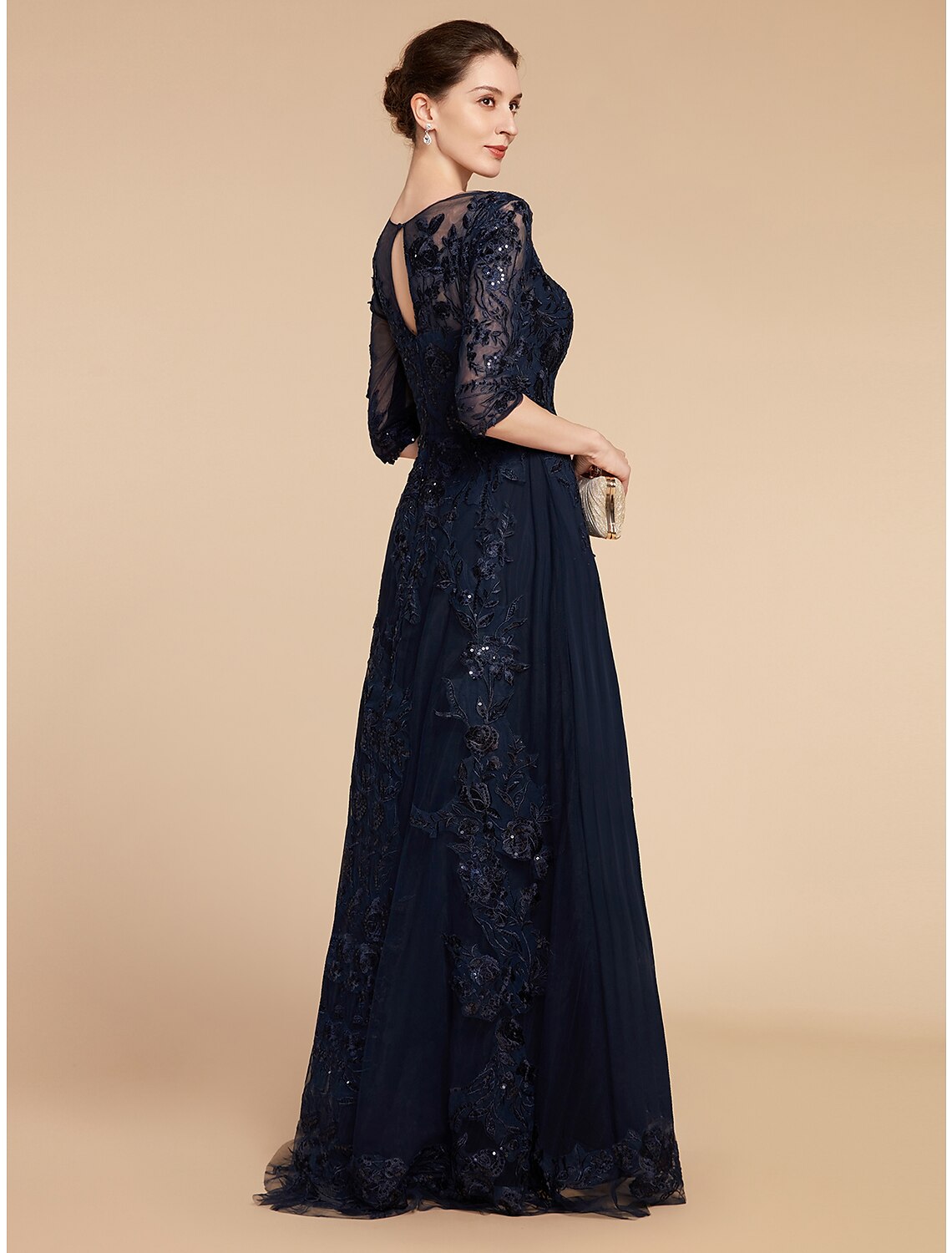 Wholesa  A-Line Mother of the Bride Dress Formal Wedding Guest Elegant Party Scoop Neck Floor Length Chiffon Lace 3/4 Length Sleeve with Sequin Appliques