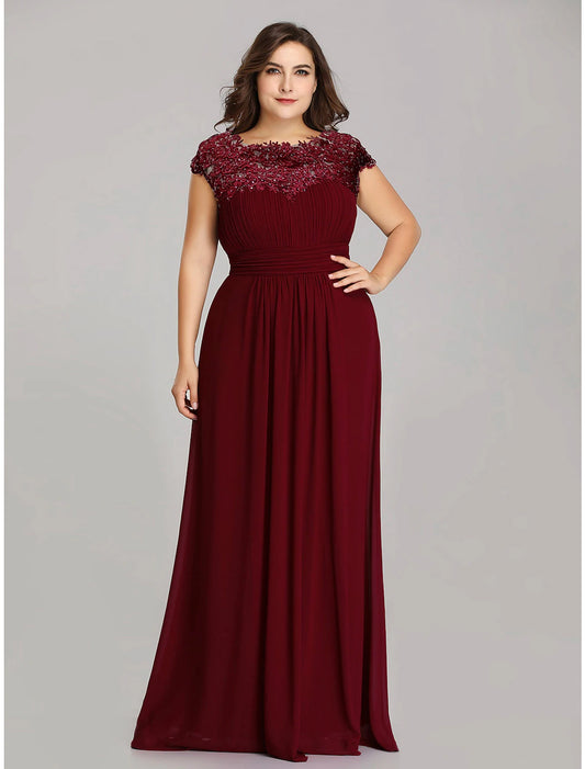 wholesale  A-Line Mother of the Bride Dress Wedding Guest Plus Size Jewel Neck Floor Length Chiffon Short Sleeve with Lace Ruching Fall