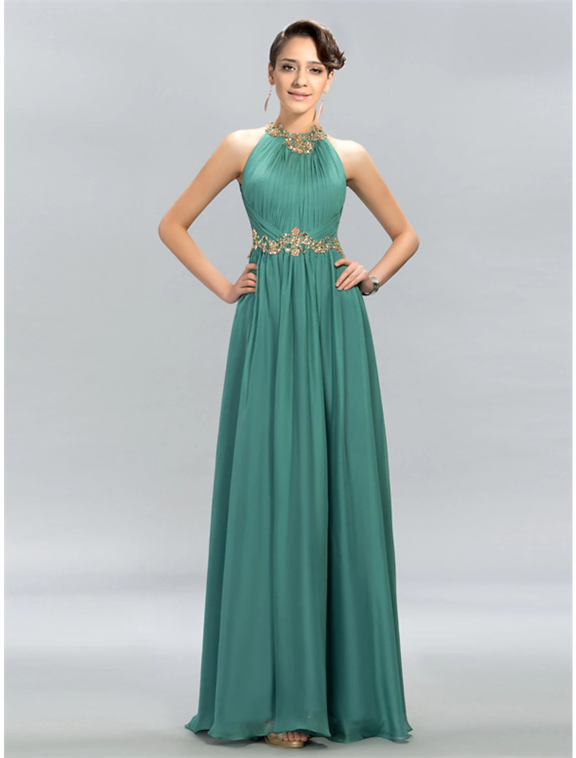 Wholesale A-Line Wedding Guest Dresses Maxi Dress Party Wear Floor Length Sleeveless Halter Chiffon with Ruched Appliques