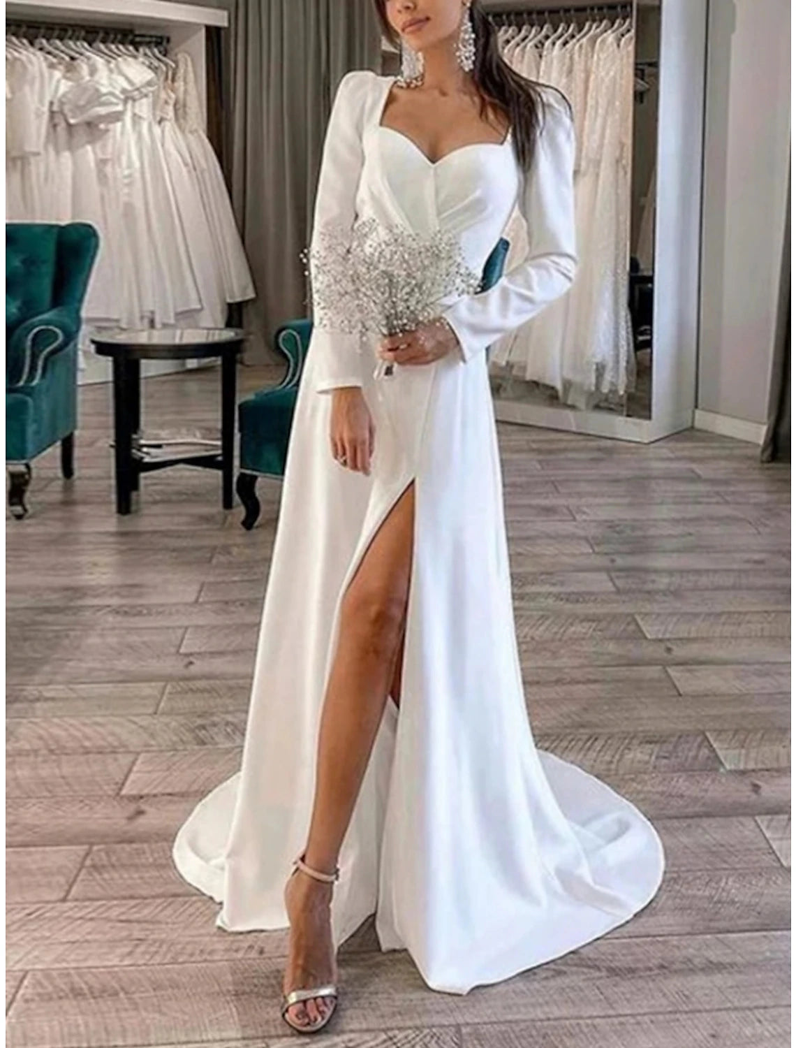 Wholesa Formal Wedding Dresses Sheath / Column Sweetheart Long Sleeve Court Train Satin Bridal Gowns With Pleats Split Front