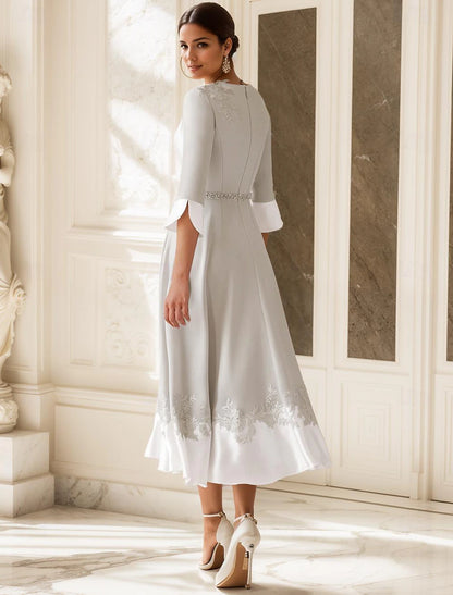 Wholesale A-Line V Neck Wedding Guest Mother of the Bride Dress Elegant Tea Length Stretch Half Sleeve with Appliques