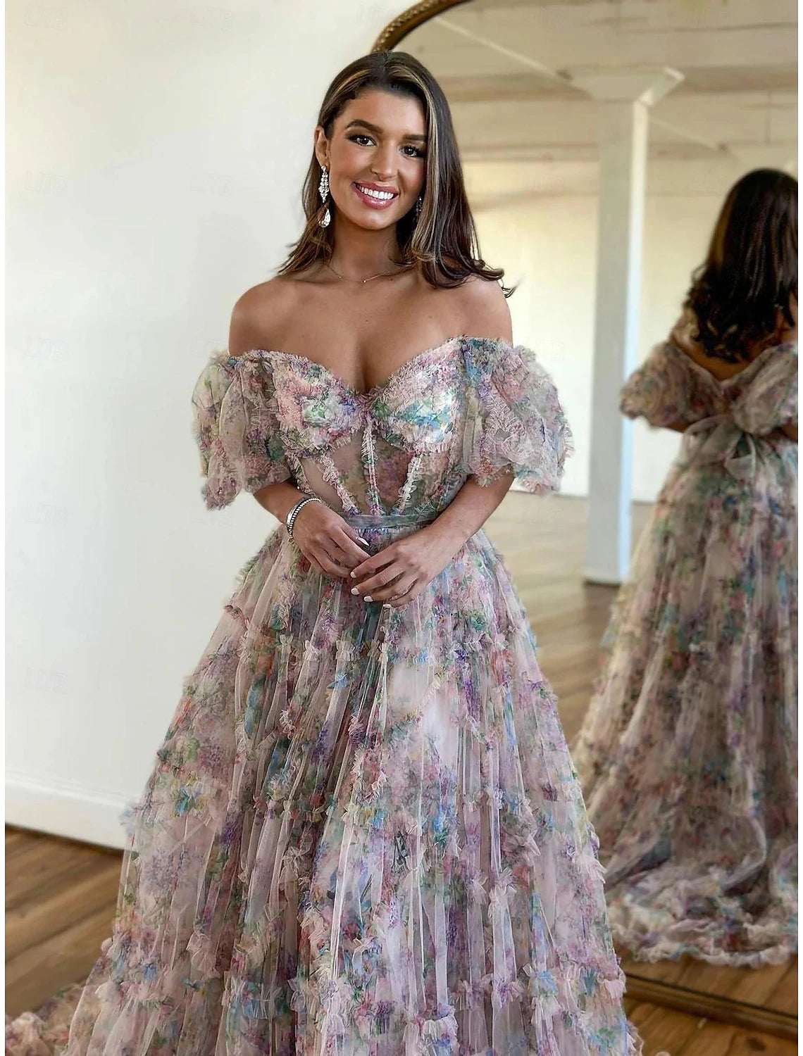 Wholesa A-Line Prom Dresses Floral Dress Wedding Guest Quinceanera Floor Length Short Sleeve Sweetheart Tulle with Ruffles