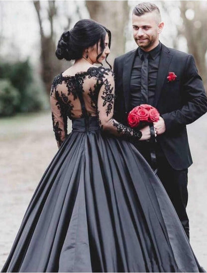 Wholesale Engagement Gothic Black Wedding Dresses Formal A-Line Illusion Neck Long Sleeve Floor Length Satin Bridal Gowns With Draping Appliques 2023 Summer Fall Halloween Wedding Party