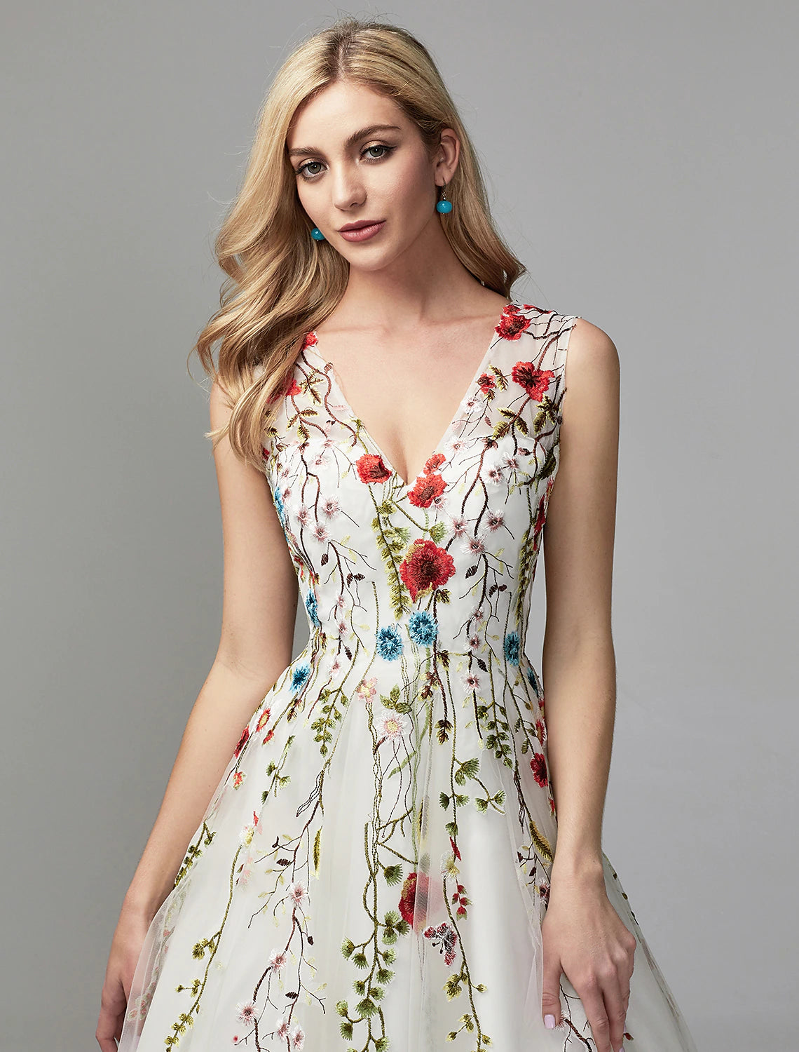 Wholesa  A-Line Special Occasion Dresses Floral Dress Valentine's Day Wedding Guest Floor Length Sleeveless V Neck Lace with Embroidery Appliques