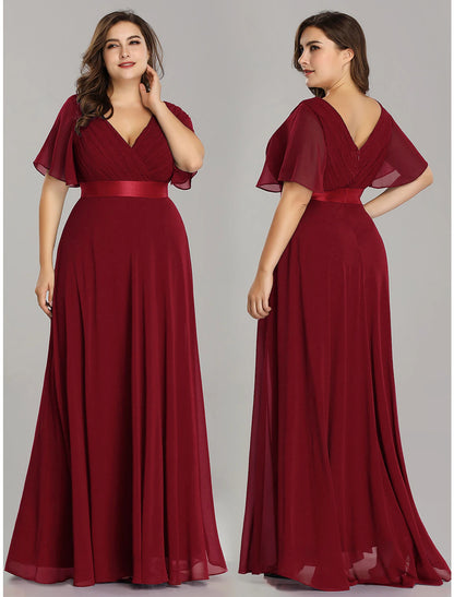 Wholesale A-Line Empire Fall Wedding Guest Dress For Bridesmaid Plus Size Formal Evening Dress V Neck Short Sleeve Floor Length Chiffon with Pleats Ruched