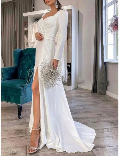 Wholesa Formal Wedding Dresses Sheath / Column Sweetheart Long Sleeve Court Train Satin Bridal Gowns With Pleats Split Front