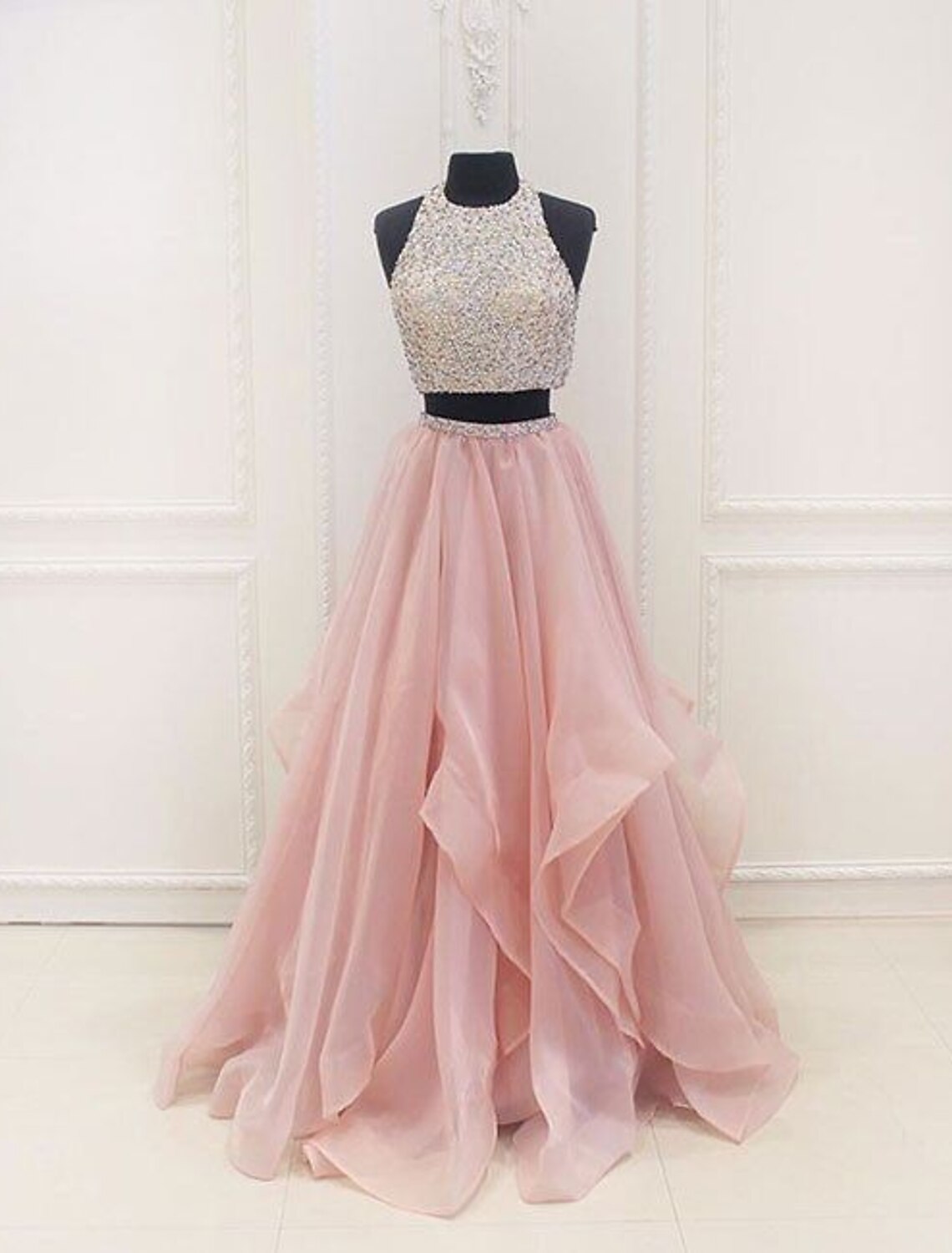 wholesale  Two Piece Ball Gown Prom Dresses Sparkle & Shine Dress Party Wear Floor Length Sleeveless Halter Organza with Sequin