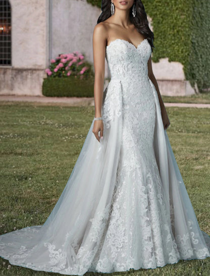 Wholesa Engagement Formal Wedding Dresses Two Piece Sweetheart Strapless Court Train Lace Bridal Gowns With Sequin Appliques