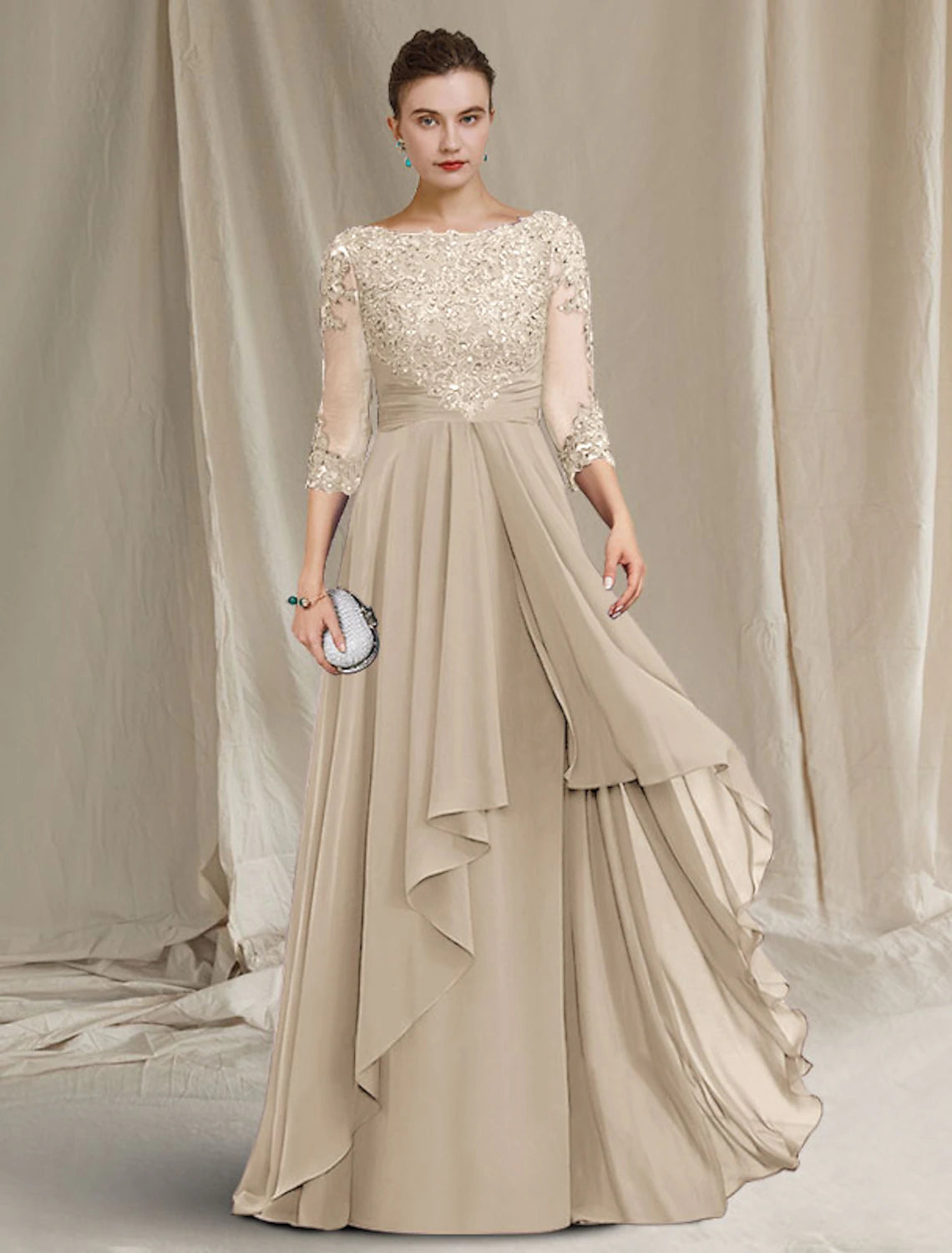 wholesale A-Line Mother of the Bride Dress Luxurious Elegant Jewel Neck Floor Length Chiffon Lace Sequined 3/4 Length Sleeve with Pleats Beading Appliques