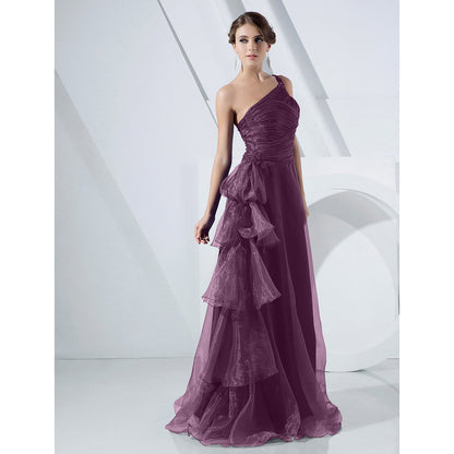 Wholesa A-Line Elegant Dress Formal Evening Military Ball Floor Length Sleeveless One Shoulder Organza with Side Draping Cascading Ruffles