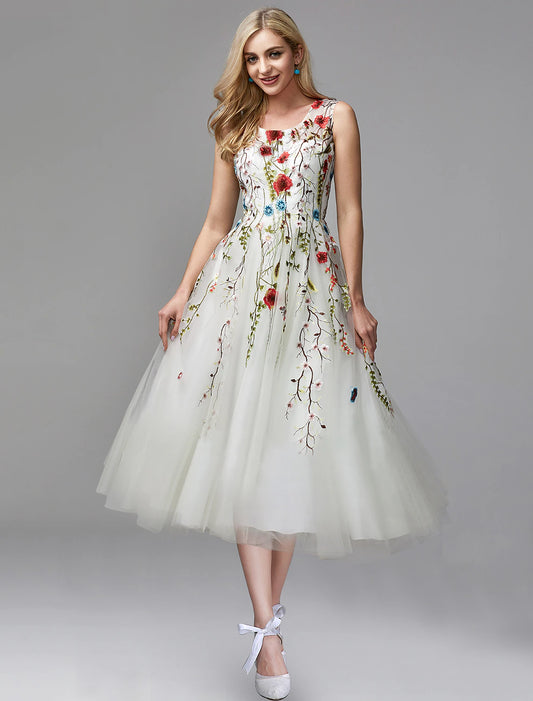 Wholesale A-Line Prom Dresses Floral Dress Engagement Tea Length Sleeveless Jewel Neck Chiffon with Lace Insert Appliques