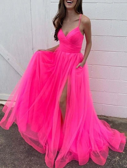 Wholesa A-Line Prom Dresses Sexy Dress Wedding Party Birthday Court Train Sleeveless Spaghetti Strap Organza with Slit