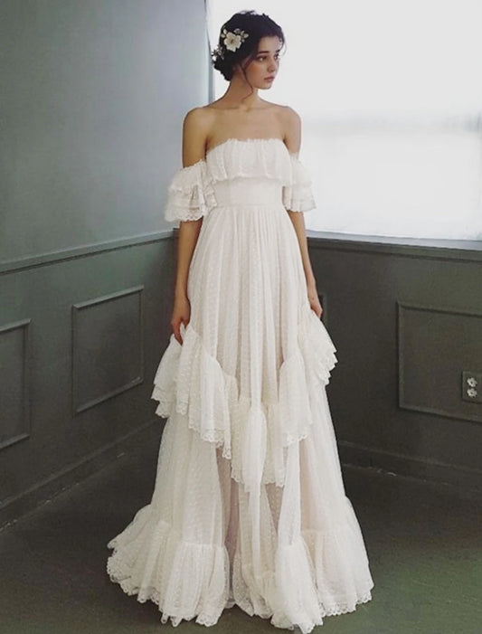 Wholesale Beach Wedding Dresses A-Line Off Shoulder Cap Sleeve Sweep / Brush Train Tulle Bridal Gowns With Ruffles Summer Wedding Party