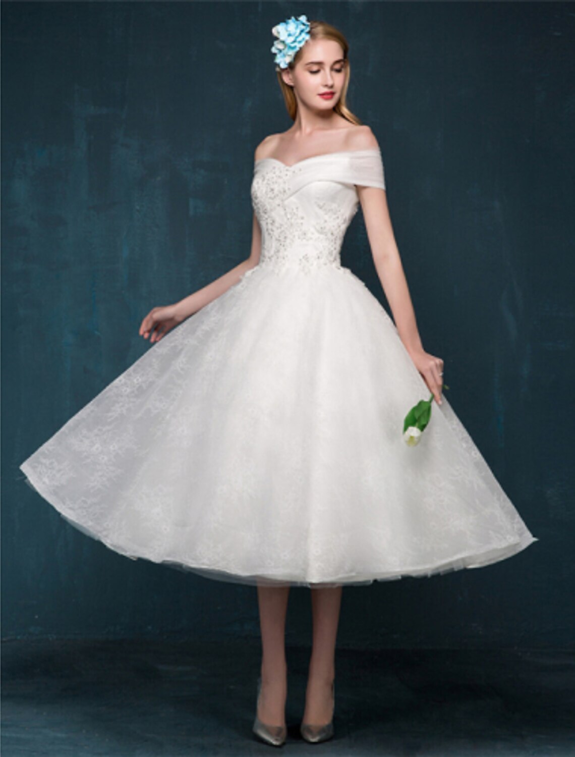 Wholesale Reception Little White Dresses Wedding Dresses A-Line Off Shoulder Cap Sleeve Tea Length Lace Bridal Gowns With Beading Sequin Summer Wedding Party