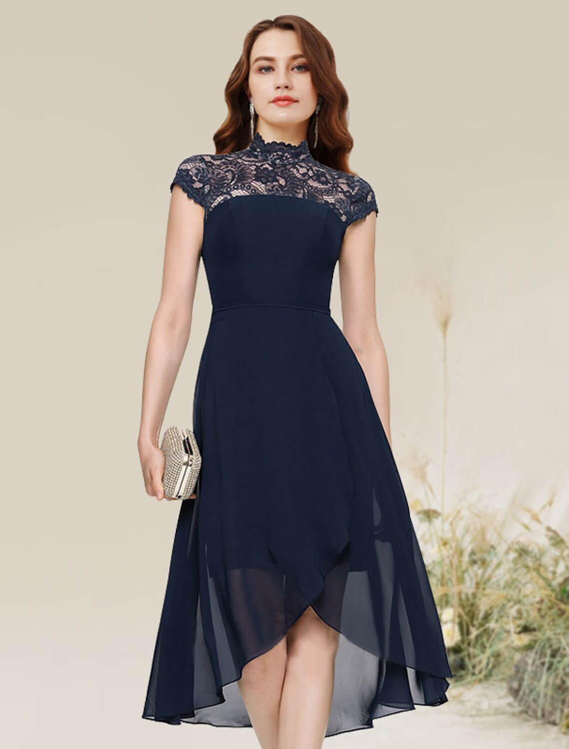 wholesale  A-Line Cocktail Dresses Flirty Dress Homecoming Asymmetrical Sleeveless Jewel Neck Chiffon with Lace Insert