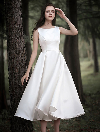 Wholesale Reception Little White Dresses Wedding Dresses A-Line Scoop Neck Sleeveless Tea Length Satin Bridal Gowns With Solid Color 2023 Summer Wedding Party