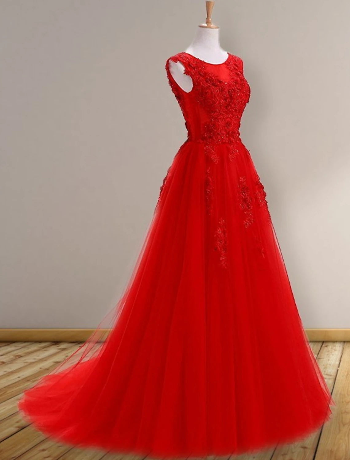 wholesale  A-Line Prom Dresses Elegant Dress Wedding Guest Sweep / Brush Train Sleeveless Jewel Neck Tulle with Appliques