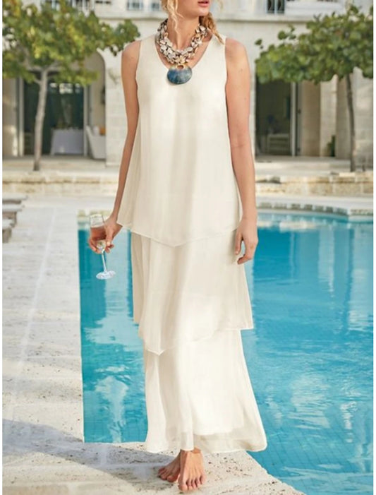 Wholesale Mother of the Bride Dress Wedding Guest Sheath / Column Elegant V Neck Ankle Length Chiffon Sleeveless with Tier