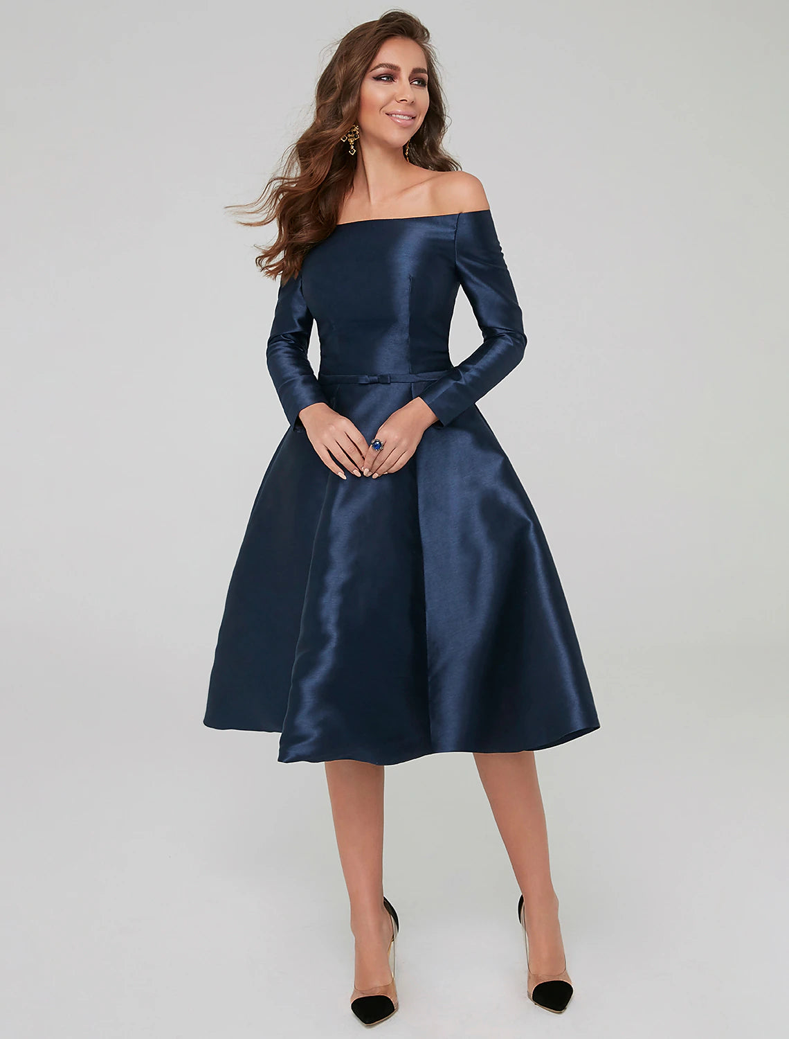 Wholesa  A-Line Special Occasion Dresses Party Dress Wedding Guest Cocktail Party Knee Length Long Sleeve Off Shoulder Satin with Pleats