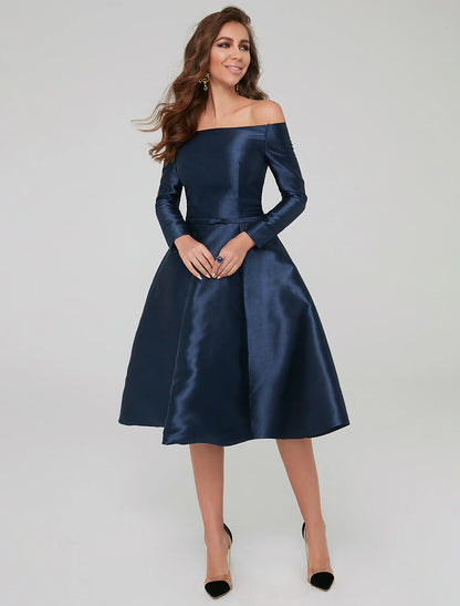 Wholesa  A-Line Special Occasion Dresses Party Dress Wedding Guest Cocktail Party Knee Length Long Sleeve Off Shoulder Satin with Pleats