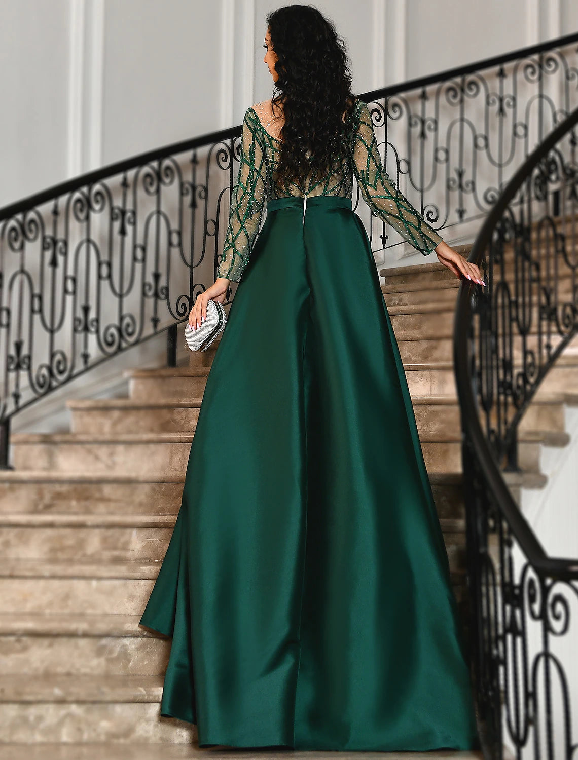 Aimishang Mermaid Evening Gown Luxurious Dress Carnival Red Green Dress Court Train Long Sleeve Jewel Neck Satin Prom Dress