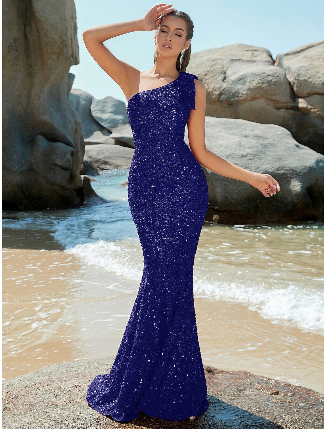 Wholesa Mermaid / Trumpet Evening Gown Sparkle & Shine Dress Formal Wedding Guest Sweep / Brush Train Sleeveless One Shoulder Sequined with Glitter Shouder Flower