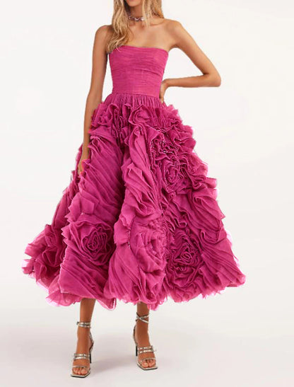 Wholesa A-Line Prom Dresses Floral Dress Masquerade Ankle Length Sleeveless Strapless Tulle Backless with Floral