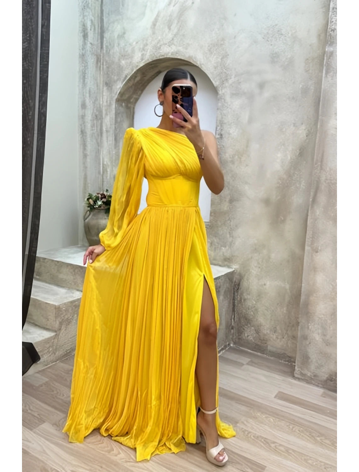 Wholesa A-Line Evening Gown High Split Dress Formal Fall Sweep / Brush Train Long Sleeve One Shoulder Chiffon with Pleats Slit