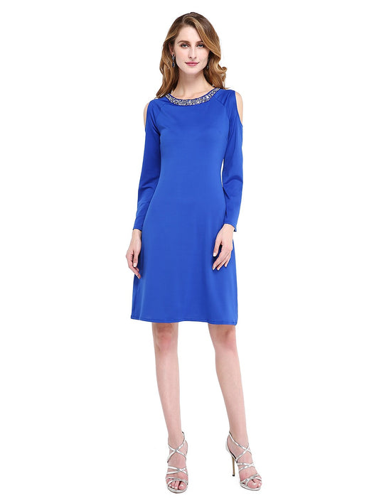 Wholesa Sheath / Column Mother of the Bride Dress Elegant Jewel Neck Knee Length Jersey Long Sleeve No with Beading