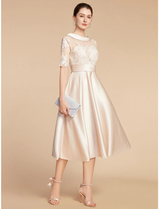 Wholesa  A-Line Mother of the Bride Dress Wedding Guest Elegant Petite Scoop Neck Knee Length Satin Lace Half Sleeve with Appliques Ruching Solid Color