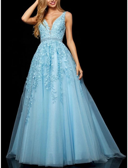 Wholesa A-Line Prom Dresses Elegant Dress Formal Prom Floor Length Sleeveless V Neck Tulle with Beading Embroidery Appliques