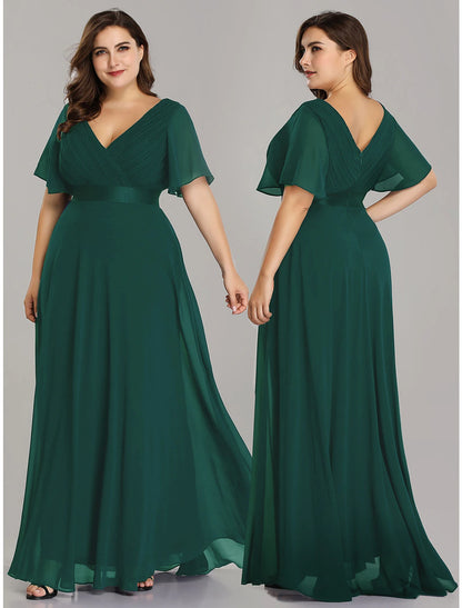 Wholesale A-Line Empire Fall Wedding Guest Dress For Bridesmaid Plus Size Formal Evening Dress V Neck Short Sleeve Floor Length Chiffon with Pleats Ruched