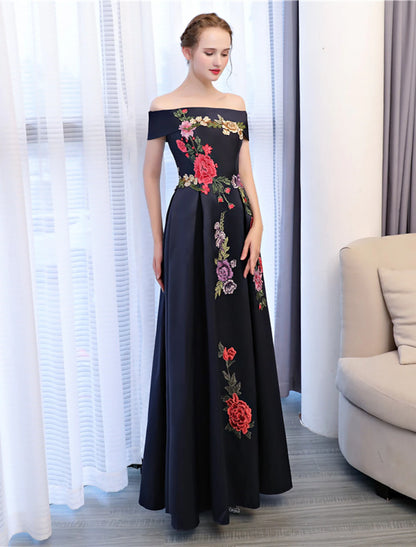 Wholesale A-Line Floral Dress Wedding Guest Floor Length Sleeveless Off Shoulder Satin with Embroidery Appliques